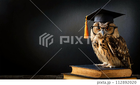 Close-up of a Wise Owl on Vintage Old Books on Dark Background - Generative Ai 112892020