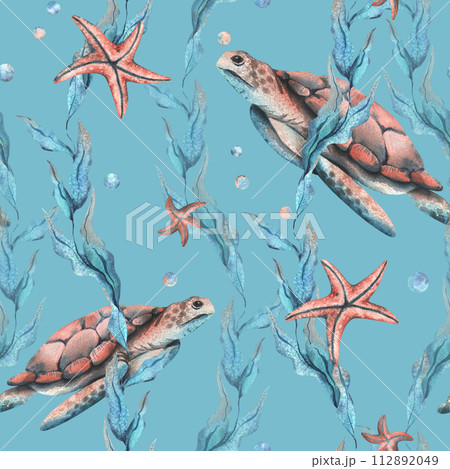 Underwater world clipart with sea animals whale, turtle, octopus, seahorse, starfish, shells, coral and algae. Hand drawn watercolor illustration. Seamless pattern on a blue background. Underwater world clipart with sea animals whale, turtle, octopus, seahorse, starfish, shells, coral and algae. Hand drawn watercolor illustration. Seamless pattern on a blue background. 112892049