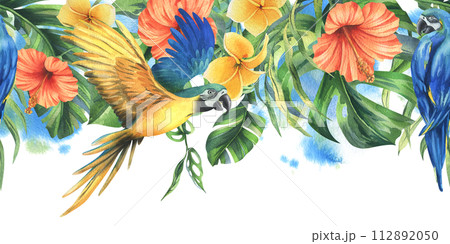 Tropical palm leaves, monstera and flowers of plumeria, hibiscus, bright with blue-yellow macaw parrot. Hand drawn watercolor botanical illustration. Seamless border is isolated from the background. 112892050