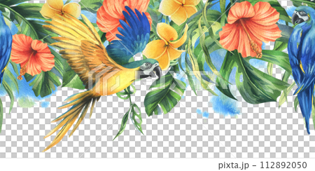 Tropical palm leaves, monstera and flowers of plumeria, hibiscus, bright with blue-yellow macaw parrot. Hand drawn watercolor botanical illustration. Seamless border is isolated from the background. 112892050
