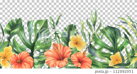 Tropical palm leaves, monstera and flowers of plumeria, hibiscus, bright juicy. Hand drawn watercolor botanical illustration. Seamless border is isolated from the background. 112892051