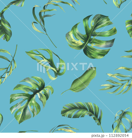 Tropical coconut, banana palm leaves, monstera, monkey mask, frangipani, bright juicy green. Hand drawn watercolor botanical illustration. Seamless pattern on a blue background 112892054