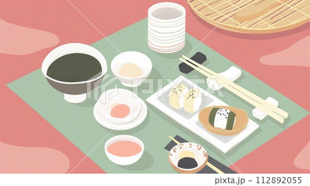 Flat design vector of a serene japanese meal setting with sushi and tea 112892055