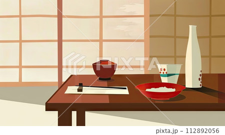 Illustrative image of a simple dining setup with bowls, chopsticks, and rice on a table 112892056