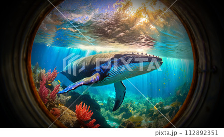 Majestic Humpback Whale Gracefully Swimming in a Vibrant Coral Reef - Generative Ai 112892351
