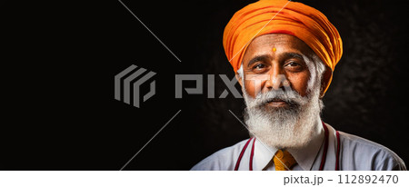 Portrait of an Old Sikh Indian Man with Pagri Turban - Generative Ai 112892470
