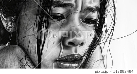 pencil drawing with close-up of tear-streaked face of a young Asian woman, concept of sadness and depression 112892494