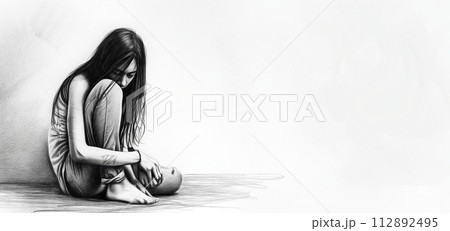 girl with long black hair sitting sadly on the floor with a raised knee, concept of sadness and depression, digital art 112892495