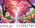 水面に映る満開の八重桜と清らかな川 112892740