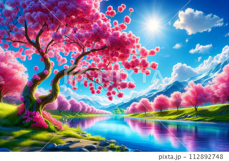 池に反射する太陽と美しい桜の木 112892748