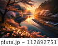 水仙の花と川に反射する太陽と静かな山 112892751