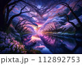 水面に映る夜桜と静かな落ち着いた川の流れ 112892753
