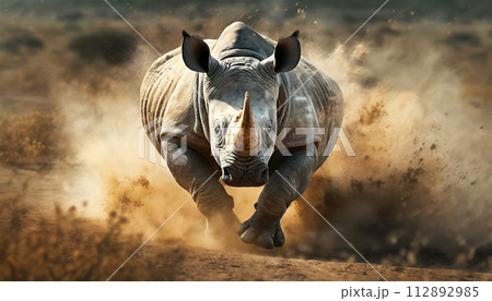 White or Grey Rhino Runs Fast in the Savannah - Generative Ai 112892985