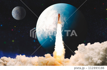 Dark space shuttle launch in the clouds with stars on background.Spaceship flight. Elements of this image furnished by NASA 112893186