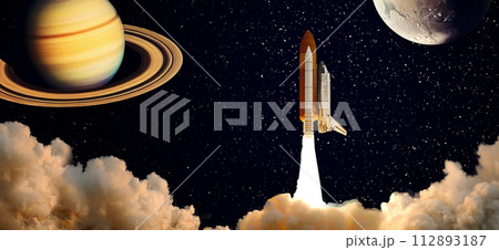 Dark space shuttle launch in the clouds with stars on background.Spaceship flight. Elements of this image furnished by NASA Dark space shuttle launch in the clouds with stars on background.Spaceship flight. Elements of this image furnished by NASA 112893187