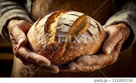 Wrinkled Hands of an Old Person Holding a Loaf of Bread - Generative Ai 112893216