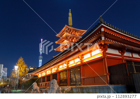 「東京都」夜の五重塔とスカイツリー 浅草寺 「東京都」夜の五重塔とスカイツリー 浅草寺 112893277