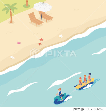 海でマリンスポーツを楽しむ人々のイラスト 海でマリンスポーツを楽しむ人々のイラスト 112893282
