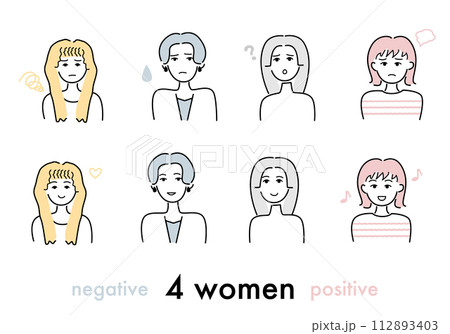 笑顔と不満げな女性のアイコン4人セット　 112893403