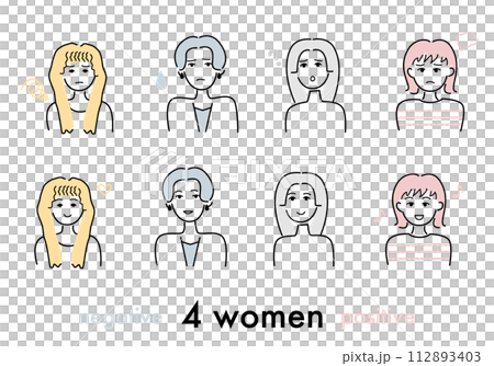 Set of 4 smiling and dissatisfied female icons 112893403