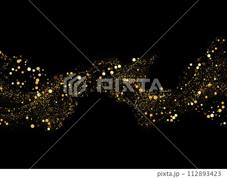Sparkling stardust. Golden shiny magic vector waves with golden particles isolated on black background. A brilliant bright trail, a wave flow. 112893423
