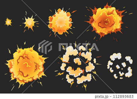 Explosion animation effect for game, separate frames. Burst explosion in cartoon style. Bomb or bang. Vector isolated illustration 112893683