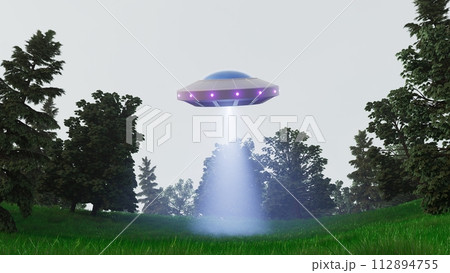 A UFO is flying over a forest, leaving a blue trail in the sky 112894755