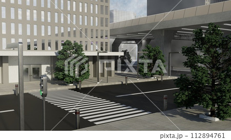 A city street with a crosswalk and a traffic light 112894761