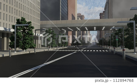 A city street with a crosswalk and a bridge over it A city street with a crosswalk and a bridge over it 112894768