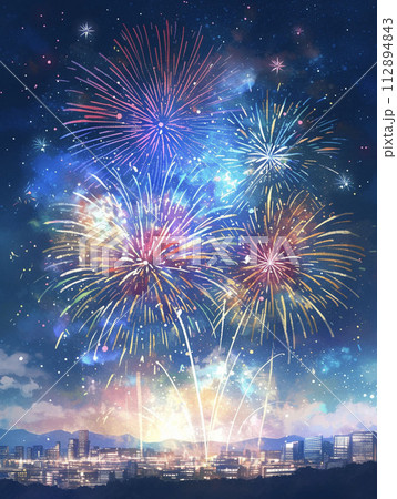 打ち上げ花火と都市の背景　AI画像 112894843