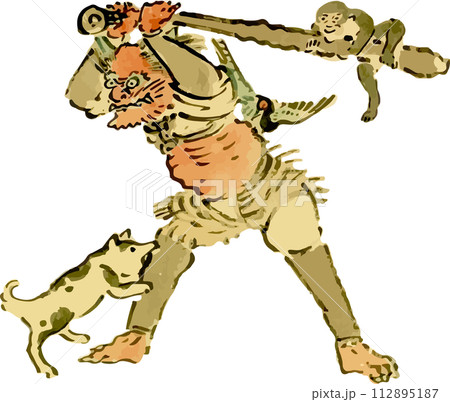 赤鬼にとびかかる猿と雉と犬_桃太郎 赤鬼にとびかかる猿と雉と犬_桃太郎 112895187