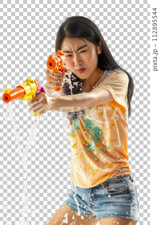 Happy traveler asian girl wearing summer shirt holding colorful squirt water gun, Generative AI Happy traveler asian girl wearing summer shirt holding colorful squirt water gun, Generative AI 112895544