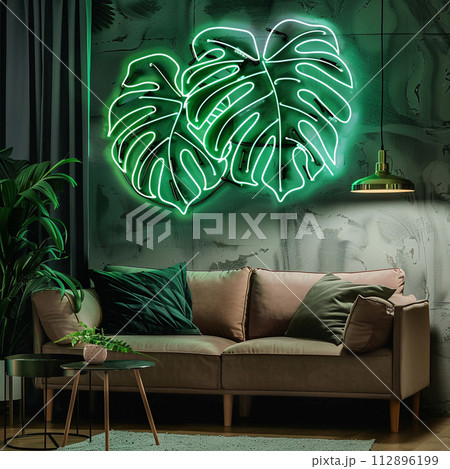 Neon sign monstera as decor of a living room 112896199