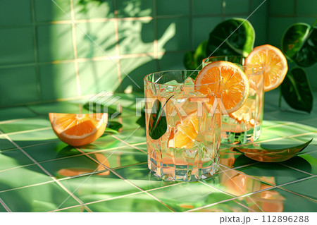 Lemonade in a crystal glass with lemon slices and mint leafs on a green tile bar counter. Hard light and shadows. 112896288
