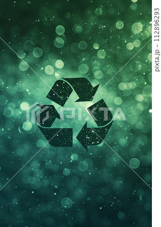 Dark green recycle symbol on bokeh background 112896293