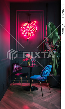 Neon sign monstera as decor of a living room Neon sign monstera as decor of a living room 112896395