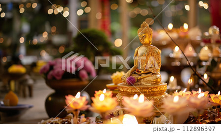 Wesak Day, Buddha statue outdoor. Flowers and lights decoration Wesak Day, Buddha statue outdoor. Flowers and lights decoration 112896397