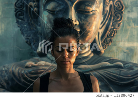 Wesak Day, Buddha statue outdoor. Flowers and lights decoration 112896427