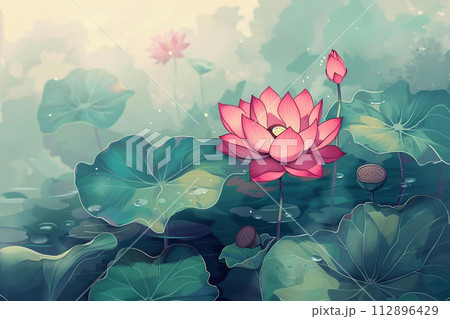 White pink waterlily or lotus flower in pond. 112896429