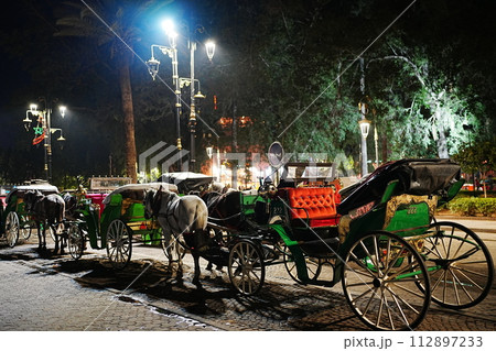 Horse-drawn carriages at Jemaa el-Fnaa in Marrakesh in Morocco at evening Horse-drawn carriages at Jemaa el-Fnaa in Marrakesh in Morocco at evening 112897233