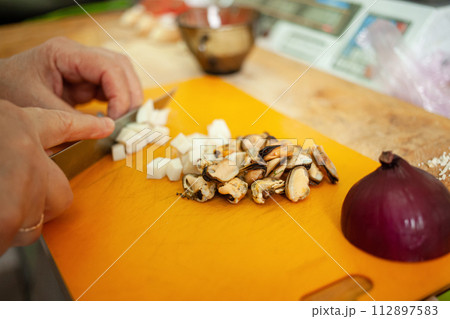 Sea cocktail, seafood mix, onion, mussels and squid. A woman cuts seafood into pieces. Sea cocktail, seafood mix, onion, mussels and squid. A woman cuts seafood into pieces. 112897583