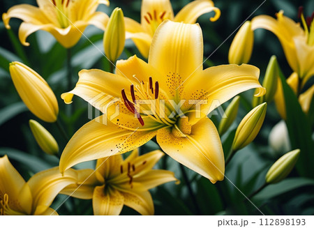 Lily Lilium is genus of plants in the Liliaceae. Perennial herbs equipped with bulbs. Yellow graceful flower petals with white veins. Natural pistils and stamens. Generated AI. Lily scent smell aroma 112898193