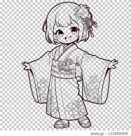 穿著和服的女孩的線條畫 112898300