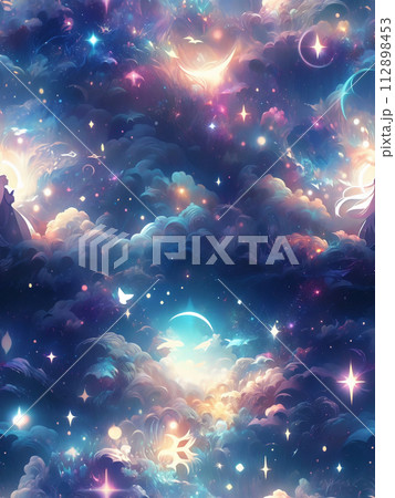 天国へ続く雲と綺麗な星々の背景画 天国へ続く雲と綺麗な星々の背景画 112898453