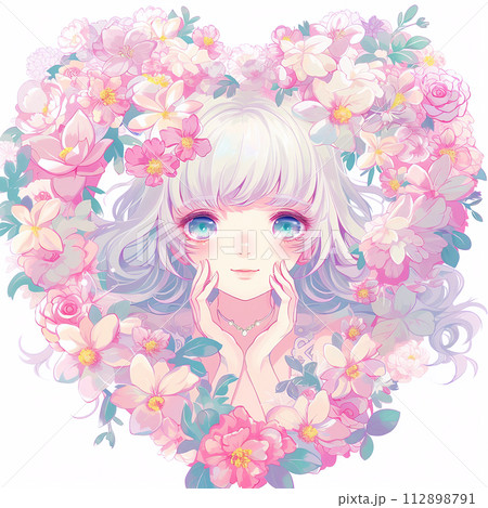 花の前でポーズをとる少女のイラスト素材 [112898791] - PIXTA