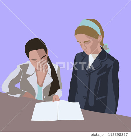 Vector illustration of a teacher and a student. The teacher checks the completion of the task. Vector illustration of a teacher and a student. The teacher checks the completion of the task. 112898857