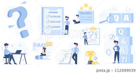 Collection set of FAQs (Frequently Asked Questions), including questions, answers, analysis, surveys, problem solving, support, and symbols. Illustrated in a flat vector design. 112899039