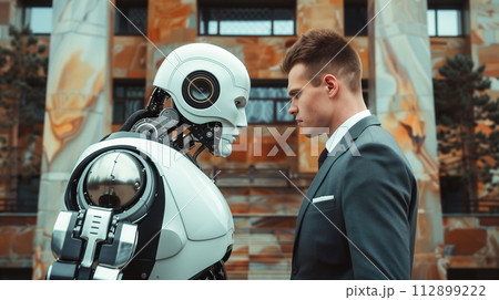 にらみ合うロボットと人間 にらみ合うロボットと人間 112899222