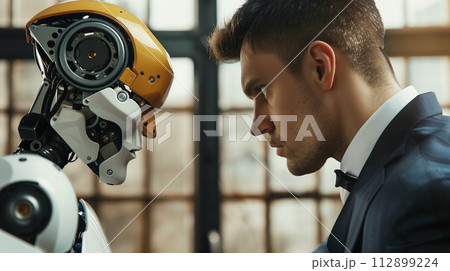にらみ合うロボットと人間 にらみ合うロボットと人間 112899224