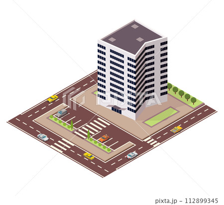 Isometric offices or business center. Town apartment building city map creation with street and cars. Infographic elements. City house composition with roads Isometric offices or business center. Town apartment building city map creation with street and cars. Infographic elements. City house composition with roads 112899345